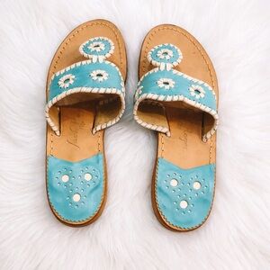 Jack Rogers Turquoise and White Leather Slide Sandals